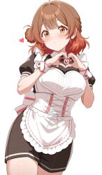 1girl absurdres blush breasts brown_eyes brown_hair commentary_request gakuen_idolmaster gradient_hair hanami_ume happy_mille-feuille_(idolmaster) heart heart_hands highres idolmaster large_breasts looking_at_viewer maid multicolored_hair puffy_shorts shiguren_39 short_hair shorts simple_background solo white_background