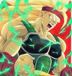 Rule 34 | 1boy, angry, armor, bardock, bare shoulders, biceps, blonde hair, bure (fantasticyouth7), clenched hand, commentary request, dragon ball, dragonball z, electricity, energy, facial scar, green eyes, hands up, headband, long hair, male focus, muscular, muscular male, no eyebrows, open mouth, pectorals, red background, red headband, red wristband, round teeth, saiyan armor, scar, scar on cheek, scar on face, simple background, solo, spiked hair, super saiyan, super saiyan 3, teeth, tongue, upper body, v-shaped eyebrows, wristband