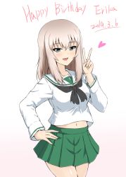 Rule 34 | 1girl, alternate costume, black neckerchief, blouse, blue eyes, blush, character name, commentary request, cowboy shot, dated, diesel-turbo, english text, girls und panzer, gradient background, green skirt, half-closed eyes, hand on own hip, happy birthday, heart, itsumi erika, light blush, long hair, long sleeves, looking at viewer, midriff, miniskirt, navel, neckerchief, ooarai school uniform, open mouth, partial commentary, pink background, pleated skirt, school uniform, serafuku, shirt, silver hair, skirt, smile, solo, standing, v, white shirt