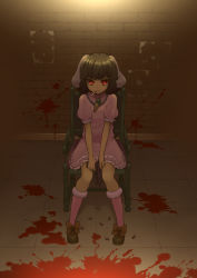 Rule 34 | 1girl, absurdres, animal ears, black hair, blood, blood splatter, rabbit ears, carrot, carrot necklace, chain, chair, cigarette, dress, female focus, full body, glaring, gun, handgun, highres, inaba tewi, jewelry, kuro oolong, looking at viewer, m1911, necklace, pendant, pink dress, pistol, red eyes, shell casing, short hair, sitting, solo, touhou, v arms, wall, weapon