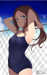 Rule 34 | 1girl, armpits, blue eyes, blue one-piece swimsuit, blue sky, blurry, breasts, brown hair, chain-link fence, cloud, commentary request, competition school swimsuit, covered navel, cowboy shot, dated, day, depth of field, fate/grand order, fate (series), fence, forehead, from side, holding, holding own hair, leonardo da vinci (fate), long hair, mine (wizard), one-piece swimsuit, outdoors, school swimsuit, shade, sky, small breasts, smile, solo, standing, swimsuit, twitter username, wavy hair