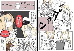 Rule 34 | &gt; &lt;, ..., 10s, 4girls, ahoge, anger vein, angry, atsushi (aaa-bbb), bare shoulders, bismarck (kancolle), blank stare, blonde hair, blue eyes, braid, breasts, brown hair, catfight, censored, censored text, chair, comic, commentary, corset, crossed arms, crown, detached sleeves, dress, elbow gloves, english text, closed eyes, female focus, fighting, french braid, from side, gloves, hair between eyes, hat, highres, iowa (kancolle), kantai collection, kongou (kancolle), laughing, crossed legs, long hair, looking at another, military, military uniform, mini crown, mosaic censoring, multiple girls, off-shoulder dress, off shoulder, open mouth, parted lips, partially colored, peaked cap, profanity, serious, shaded face, sitting, sleeveless, sleeveless dress, spoken ellipsis, spot color, table, tea, thighhighs, thumbs down, translation request, uniform, upper body, warspite (kancolle), white background