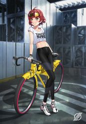 Rule 34 | 1girl, ahoge, air conditioner, bicycle, blush, clothes writing, crop top, eyewear on head, fingerless gloves, full body, gloves, highres, indoors, leggings, looking away, looking to the side, masin0201, midriff, navel, original, parted lips, red hair, shirt, short hair, short sleeves, smile, solo, standing, tinted eyewear, toned, white footwear, white gloves, white shirt, yellow-tinted eyewear, yellow eyes