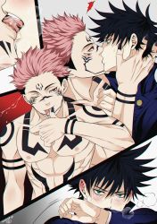 Rule 34 | 2boys, ^^^, abs, arm tattoo, blush, breath, buttons, chest tattoo, covering own mouth, extra eyes, eye contact, eyelashes, facial tattoo, fingernails, french kiss, fushiguro megumi, green eyes, hair between eyes, hand on another&#039;s face, high collar, jacket, jujutsu kaisen, kiss, long sleeves, looking at another, male focus, multiple boys, muscular, muscular male, nail polish, nipples, one eye closed, panels, pectorals, pink hair, red eyes, ryoumen sukuna (jujutsu kaisen), saliva, sato zero915, sharp fingernails, short hair, shoulder tattoo, spiked hair, stomach tattoo, sweatdrop, tattoo, tongue, tongue out, undercut, yaoi