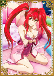 Rule 34 | 00s, 1girl, bare legs, barefoot, bed, breasts, card (medium), female focus, ikkitousen, kanpei, large breasts, long hair, looking at viewer, on bed, red hair, shiny skin, sitting, smile, twintails