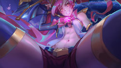 Rule 34 | 1girl, alternate costume, alternate hair color, alternate hairstyle, bare shoulders, belt, black gloves, black thighhighs, bow, bowtie, earrings, elbow gloves, fingerless gloves, flat chest, gloves, gold trim, hair ornament, jewelry, jinx (league of legends), league of legends, lipstick, long hair, magical girl, makeup, red bow, red bowtie, red eyes, red hair, red lips, short shorts, shorts, star guardian (league of legends), star guardian jinx, thighhighs, twintails, very long hair, weapon