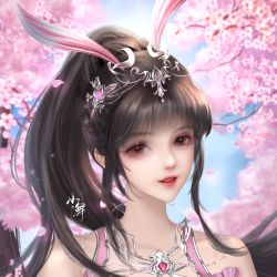 Rule 34 | 1girl, absurdres, artist request, blue sky, braid, brown hair, cherry blossoms, douluo dalu, falling petals, glint, highres, long hair, parted lips, petals, ponytail, second-party source, sky, smile, solo, teeth, upper body, xiao wu (douluo dalu)
