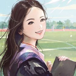 Rule 34 | 1girl, bayashiko, blue sky, blush, brown eyes, brown hair, clipboard, cloud, commentary request, day, forehead, from side, holding, light rays, long hair, looking at viewer, looking to the side, mole, mole on neck, original, outdoors, pink lips, sky, smile, soccer field, solo, wind