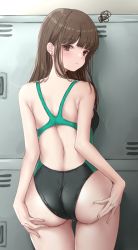 Rule 34 | 1girl, absurdres, ass, back, black one-piece swimsuit, blunt bangs, blush, breasts, brown eyes, brown hair, closed mouth, commentary request, competition swimsuit, cowboy shot, ear piercing, from behind, green one-piece swimsuit, highres, indoors, locker, locker room, long hair, looking at viewer, looking back, ncontrail (mgax7527), one-piece swimsuit, original, piercing, revision, shoulder blades, small breasts, solo, squiggle, standing, swimsuit, thighs, two-tone swimsuit, wet