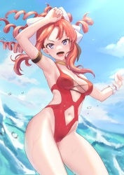 Rule 34 | 1girl, absurdres, akino (princess connect!), akino (summer) (princess connect!), armpits, bare shoulders, blue sky, breasts, casual one-piece swimsuit, cloud, cowboy shot, day, highleg, highleg swimsuit, highres, long hair, looking at viewer, navel, one-piece swimsuit, outdoors, ponytail, princess connect!, purple eyes, red hair, red one-piece swimsuit, sky, small breasts, solo, standing, swimsuit, taotao