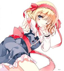 Rule 34 | 1girl, alice margatroid, bad id, bad twitter id, blonde hair, blue dress, blue eyes, bow, capelet, cierra (ra-bit), dress, frills, hairband, heart, lolita hairband, long sleeves, looking at viewer, lying, on side, one eye closed, outstretched arm, ribbon, sash, short hair, simple background, solo, touhou, white background