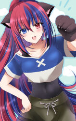 Rule 34 | 1girl, :d, alear (female) (fire emblem), alear (fire emblem), animal ears, animal hands, black gloves, black pants, blue eyes, blue hair, blue shirt, collarbone, commentary request, covered navel, crop top, fake animal ears, fire emblem, fire emblem engage, gloves, highres, kirishima riona, long hair, looking at viewer, multicolored hair, nintendo, official alternate costume, open mouth, pants, paw gloves, red eyes, red hair, shirt, short sleeves, single glove, smile, solo, streaked hair, two-tone hair, upper body, very long hair