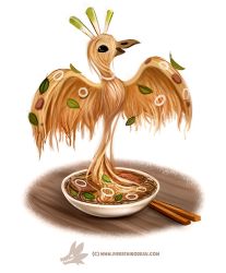 Rule 34 | :d, animal focus, artist name, beak, bird, bowl, chopsticks, creature, cryptid creations, egg, food, food focus, full body, in food, leaf, liquid, name connection, no humans, noodles, onion, open mouth, outstretched wings, pho, phoenix, smile, solo, soup, spring onion, table, watermark, web address, wooden table