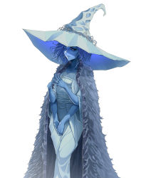 Rule 34 | 1girl, absurdres, blue eyes, blue hair, blue skin, cloak, closed mouth, collarbone, colored skin, dress, elden ring, extra arms, fur cloak, hat, highres, looking at viewer, one eye closed, ranni the witch, short hair, simple background, solo, standing, tbocart, white background, white dress, white hat, witch hat