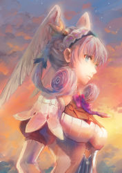 Rule 34 | 1girl, braid, closed mouth, crown braid, curly hair, feathered wings, fuwamoko momen toufu, green eyes, head wings, highres, long hair, melia antiqua, neck ribbon, nintendo, o-ring, puffy short sleeves, puffy sleeves, purple ribbon, ribbon, short sleeves, silver hair, solo, twintails, upper body, white wings, wings, xenoblade chronicles 1, xenoblade chronicles: future connected, xenoblade chronicles (series)