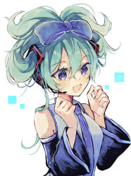 Rule 34 | 1girl, :d, bare shoulders, blue bow, blue eyes, blue nails, blue necktie, blue sleeves, blush, bow, cinnamiku, collared shirt, commentary request, detached sleeves, green hair, grey shirt, hair between eyes, hair bow, hatsune miku, highres, long sleeves, nail polish, naoton, necktie, open mouth, shirt, simple background, sleeveless, sleeveless shirt, smile, solo, upper body, vocaloid, white background, wide sleeves