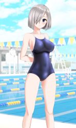 Rule 34 | 1girl, absurdres, alternate costume, arms behind back, blue eyes, blue one-piece swimsuit, blue sky, breasts, cloud, commentary request, competition school swimsuit, day, feet out of frame, grey hair, hair ornament, hair over one eye, hairclip, hamakaze (kancolle), highres, kantai collection, lane line, large breasts, looking at viewer, one-piece swimsuit, outdoors, parted lips, pool, school swimsuit, short hair, sky, solo, string of flags, swimsuit, takafumi