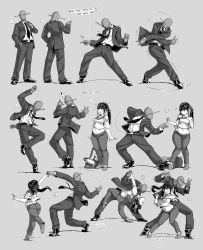 Rule 34 | 1boy, 1girl, ^^^, absurdres, anonymous (4chan), belly, belt, breasts, crop top, crop top overhang, dancing, dated, formal, grey background, greyscale, hand on another&#039;s back, highres, leg up, medium breasts, monochrome, motion lines, necktie, nsio, original, plump, sayaka (nsio), signature, simple background, smile, tango, tuxedo, twintails