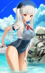 Rule 34 | 1girl, absurdres, bad id, bad pixiv id, beret, blue headwear, blue one-piece swimsuit, blue sky, breasts, cloud, collared shirt, commission, covered navel, creatures (company), crop top, day, game freak, gen 5 pokemon, hand on own thigh, hat, highres, large breasts, long hair, looking at viewer, myabit, neckerchief, nintendo, ocean, one-piece swimsuit, original, outdoors, parted lips, pokemon, pokemon (creature), red eyes, sailor collar, sailor shirt, see-through, shirt, short sleeves, sky, standing, swimsuit, thighs, twintails, wading, water, wet, wet clothes, wet shirt, whimsicott, white hair, white shirt