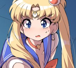 Rule 34 | 1girl, artist request, bishoujo senshi sailor moon, blonde hair, blue eyes, blue sailor collar, choker, collarbone, crescent, crescent earrings, derivative work, diadem, double bun, earrings, from above, heart, jewelry, lips, long hair, long twintails, meme, red choker, sailor collar, sailor moon, sailor moon redraw challenge (meme), screenshot redraw, solo, surprised, tsukino usagi, twintails, upper body