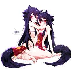 Rule 34 | 2girls, animal ears, ass, black hair, breasts, closed mouth, dated, ejami, ekko (ejami), fox ears, fox girl, fox tail, long hair, looking at viewer, multiple girls, open mouth, original, red eyes, signature, simple background, smile, tail, white background