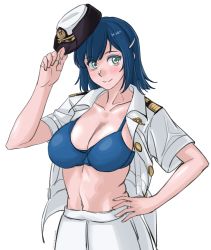 Rule 34 | 1girl, alternate costume, blue bra, blue eyes, blue hair, bra, breasts, cleavage, collarbone, commentary request, cowboy shot, female service cap, hair down, hand on own hip, hat, highres, holding, holding clothes, holding hat, kantai collection, large breasts, long hair, looking at viewer, military, military uniform, naval uniform, open clothes, simple background, skirt, smile, solo, souryuu (kancolle), sozan, underwear, uniform, white background, white hat, white skirt