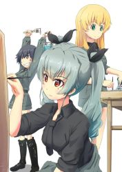 Rule 34 | 3girls, anchovy (girls und panzer), anzio military uniform, arms up, belt, black belt, black hair, black neckwear, black ribbon, black shirt, blonde hair, brown eyes, buchikaki, calligraphy brush, can, carpaccio (girls und panzer), closed mouth, clothes around waist, commentary, dirty, dirty clothes, dirty face, drawing, dress shirt, drill hair, girls und panzer, green eyes, green hair, grey jacket, grey skirt, grin, hair ribbon, holding, holding can, holding paintbrush, jacket, jacket around waist, unworn jacket, leaning forward, long hair, long sleeves, loose necktie, military, military uniform, miniskirt, multiple girls, necktie, paint can, paintbrush, painting (action), pencil skirt, pepperoni (girls und panzer), red eyes, ribbon, shirt, short hair, sitting, skirt, smile, standing, table, twin drills, twintails, uniform