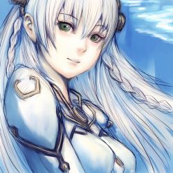 Rule 34 | 00s, 1girl, ar tonelico, ar tonelico i, blue background, braid, breasts, female focus, fumio (rsqkr), green eyes, gust, hair between eyes, shurelia (ar tonelico), side braids, smile, solo, white hair
