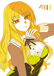 Rule 34 | 1girl, absurdres, assault lily, black dress, black ribbon, blonde hair, blush, breasts, brown jacket, buttons, closed mouth, color guide, commentary request, cropped jacket, dress, hand on own chin, hand up, highres, jacket, juliet sleeves, limited palette, long hair, long sleeves, looking at viewer, medium breasts, moroi saho, neck ribbon, orange eyes, puffy sleeves, ribbon, school uniform, shirt, simple background, smile, solo, strapless, strapless dress, upper body, wavy hair, white background, white shirt, yozakurayuyu