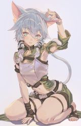 Rule 34 | 1girl, animal ears, armor, armpits, belt, belt buckle, blue eyes, blue hair, blush, breastplate, buckle, cat ears, cat tail, collar, cowboy shot, full body, hair between eyes, hand on own ear, hand up, highres, hxxg, looking at viewer, navel, open mouth, simple background, sinon, sinon (sao-alo), sitting, stomach, tail, thighs, touching ears, white background