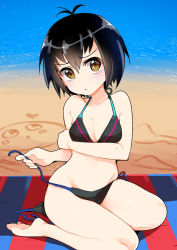 Rule 34 | 1girl, arm under breasts, bare legs, barefoot, beach, bikini, black bikini, black hair, blush, breast hold, breasts, brown eyes, cleavage, day, full body, halterneck, highres, looking at viewer, marvel, nakasone haiji, outdoors, peni parker, short hair, side-tie bikini bottom, sitting, small breasts, solo, spider-man: into the spider-verse, spider-man (series), spider-verse, swimsuit, untied bikini