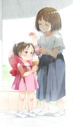 Rule 34 | 2girls, black skirt, blush, center frills, closed mouth, collarbone, commentary request, dress, closed eyes, food, food on face, frills, gomennasai, handkerchief, hat on back, high heels, highres, holding, holding food, ice cream, mother and daughter, multiple girls, original, pink dress, pink headwear, red eyes, shirt, shoes, short sleeves, skirt, sleeveless, sleeveless dress, smile, soft serve, sweat, twintails, white footwear, white shirt