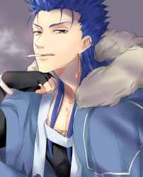 Rule 34 | 1boy, blue hair, bracelet, close-up, closed mouth, cu chulainn (fate), cu chulainn (caster) (fate), earrings, fate/grand order, fate (series), fur trim, grey background, hand on own chin, hood, hood down, jewelry, cu chulainn (fate/stay night), licking lips, long hair, looking at viewer, male focus, multiple piercings, nozawa, red eyes, simple background, smoke, smoking, solo, spiked hair, tongue, tongue out, type-moon