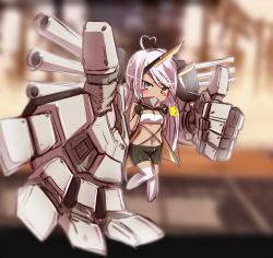 Rule 34 | 1girl, ahoge, azur lane, bandeau, black gloves, black shorts, blue eyes, blurry, blurry background, blush, breasts, clenched hands, commentary request, covered mouth, dark-skinned female, dark skin, facepaint, fujikusa, full body, gloves, heart, heart ahoge, heterochromia, highres, horns, indianapolis (azur lane), long hair, looking at viewer, low twintails, mechanical arms, mechanical horns, medium breasts, midriff, navel, partially fingerless gloves, pink hair, reaching, reaching towards viewer, rigging, shorts, thighhighs, thumbs up, turtleneck, twintails, underboob, very long hair, white bandeau, white thighhighs, yellow eyes