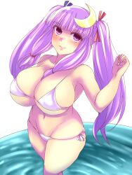 Rule 34 | 1girl, bikini, blunt bangs, blush, breasts, cleavage, closed mouth, curvy, groin, haseru (ginku mh), highres, huge breasts, looking at viewer, navel, patchouli knowledge, purple hair, sidelocks, simple background, smile, solo, swimsuit, touhou, twintails, wading, white background, white bikini
