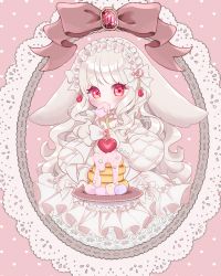 Rule 34 | 1girl, :o, absurdres, animal ears, blonde hair, blush, bow, collar, detached collar, flower, food, fork, frilled collar, frills, gem, hairband, heart, highres, holding, holding fork, holding plate, icing, lolita fashion, lolita hairband, long hair, long sleeves, looking to the side, marshmallow, original, pancake, petticoat, pink eyes, plate, quilted clothes, rabbit ears, rose, signature, solo, very long hair, wavy hair, yume harukasumi