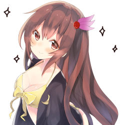 Rule 34 | 10s, 1girl, bra, breasts, brown eyes, brown hair, cleavage, commentary request, crescent, crescent pin, eyebrows, hair ornament, kantai collection, kisaragi (kancolle), long hair, looking at viewer, medium breasts, open clothes, simple background, smile, solo, touko (toukoneko), underwear, undressing, white background, yellow bra