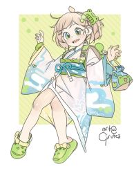 Rule 34 | 1girl, ahoge, alternate costume, animal print, artist name, blue bow, blue eyes, blue kimono, blue obi, blush, bow, brown hair, crocs, ears, female focus, flower print, footwear bow, freckles, frog, frog hair ornament, frog print, full body, girutea, green eyes, green footwear, green kimono, hair ornament, hands up, highres, indie virtual youtuber, japanese clothes, kimono, legs, lily hopkins, lily pad, looking at viewer, messy hair, multicolored clothes, multicolored eyes, multicolored kimono, nose, obi, open mouth, palms, print clothes, print kimono, sash, signature, smile, solo, swirl, teeth, tongue, upper teeth only, white kimono, yellow bow