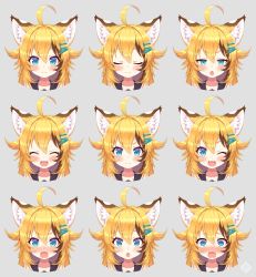 Rule 34 | &gt;:(, 1girl, :d, :o, ;d, ^ ^, ahoge, angry, animal ear fluff, animal ears, blonde hair, blush, brown hair, chestnut mouth, closed eyes, expressionless, expressions, closed eyes, fang, fangs, grey background, hair between eyes, hair ornament, hairclip, happy, highres, long hair, monochrome background, nose blush, one eye closed, open mouth, original, sad, simple background, smile, tearing up, tears, tiger ears, tsuji, v-shaped eyebrows