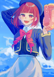 Rule 34 | 1girl, :d, arima kana, arm behind head, baseball glove, beret, black bow, black vest, blue hat, blue jacket, blue sky, blush, bob cut, bow, bowtie, collared shirt, commentary, cowboy shot, cropped jacket, day, dress shirt, floating hair, grey skirt, hand up, hat, hat bow, highres, inverted bob, jacket, long sleeves, looking at viewer, medium hair, minazuki (53412336), open clothes, open jacket, open mouth, oshi no ko, outdoors, pink bow, pink bowtie, red eyes, red hair, school uniform, shirt, skirt, sky, smile, solo, teeth, upper teeth only, vest, white shirt, youtou high school uniform