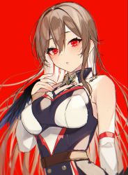 Rule 34 | 1girl, belt, black shirt, blush, breasts, bridal gauntlets, brown belt, brown hair, commentary, feather trim, furen e lustario, gloves, hair between eyes, highres, kayahara, lips, long hair, looking at viewer, medium breasts, nijisanji, red background, red eyes, shirt, simple background, sleeveless, sleeveless shirt, solo, straight hair, symbol-only commentary, upper body, virtual youtuber, white gloves