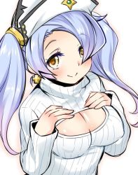 Rule 34 | 10s, 1girl, alternate costume, azuma ezu, blue hair, blush, breast suppress, breasts, cleavage, cleavage cutout, clothing cutout, covered erect nipples, cross, cross earrings, earrings, gradient hair, granblue fantasy, hair over one eye, hands on own chest, hat, headdress, jewelry, large breasts, light purple hair, light smile, long hair, looking at viewer, meme attire, multicolored hair, open-chest sweater, outline, ribbed sweater, simple background, smile, solo, sophia (granblue fantasy), sweater, turtleneck, twintails, upper body, yellow eyes