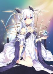 Rule 34 | 1girl, bad id, bad pixiv id, bare shoulders, beads, blunt bangs, blush, braid, choker, detached sleeves, dress, floating, floating object, flowing dress (dq), hair bun, hair ornament, head wings, jewelry, looking at viewer, magic, necklace, open mouth, original, purple eyes, ribbon, sian (jred344), single hair bun, sitting, solo, star (sky), twin braids, wariza, white dress, white hair, wings