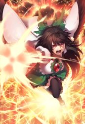 Rule 34 | 1girl, aiming, aiming at viewer, arm cannon, black hair, black thighhighs, black wings, bow, breasts, cape, commentary request, fire, green bow, green skirt, hair bow, kaiza (rider000), large breasts, long hair, looking at viewer, open mouth, puffy short sleeves, puffy sleeves, radiation symbol, red eyes, reiuji utsuho, shirt, short sleeves, skirt, solo, teeth, thighhighs, third eye, touhou, weapon, white shirt, wings