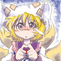 Rule 34 | 1girl, animal ears, animal hat, blonde hair, blush, blush stickers, female focus, hat, lowres, mob cap, multiple tails, solo, tail, tears, touhou, upper body, white hat, yakumo ran