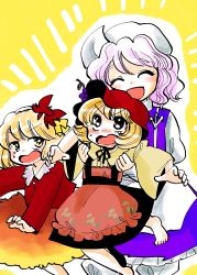 Rule 34 | 3girls, :d, ^ ^, aki minoriko, aki shizuha, apron, barefoot, black skirt, blonde hair, carrying, closed eyes, facing viewer, food-themed hair ornament, gradient skirt, grape hair ornament, hair ornament, hat, height difference, highres, komaku juushoku, leaf hair ornament, letty whiterock, light purple hair, looking back, looking up, mob cap, multiple girls, open mouth, purple skirt, purple vest, red apron, red eyes, red hat, red shirt, red skirt, shirt, short hair, skirt, smile, sweat, touhou, vest, wavy hair, white hat, wide sleeves, yellow eyes, yellow shirt