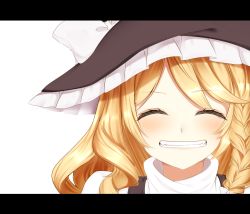 Rule 34 | 1girl, ^ ^, absurdres, bad id, bad pixiv id, black hat, blonde hair, bow, braid, closed eyes, grin, hair between eyes, hair bow, hat, hat bow, highres, kirisame marisa, letterboxed, portrait, shinonome asu, single braid, smile, solo, touhou, white background, white bow