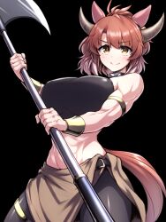 1girl alternate_costume animal_ears armband axe bare_shoulders black_background black_pantyhose brown_hair closed_mouth commentary_request dantsu_flame_(umamusume) ear_covers ear_ornament highres holding holding_axe horns horse_ears horse_girl horse_tail muscular muscular_female navel pantyhose pataneet short_hair simple_background skirt smile solo stomach tail umamusume v-shaped_eyebrows wristband yellow_eyes