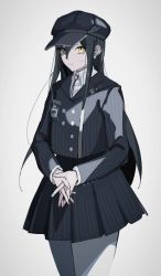 Rule 34 | 1girl, bad id, bad twitter id, black hair, black hat, black skirt, brown eyes, buttons, closed mouth, collared shirt, commentary request, cowboy shot, danganronpa (series), danganronpa v3: killing harmony, double-breasted, genderswap, genderswap (mtf), grey background, grey pantyhose, hair between eyes, hat, highres, if (toutoi0621), jacket, long hair, long sleeves, looking at viewer, own hands together, pantyhose, pleated skirt, saihara shuichi, shirt, simple background, skirt, solo, striped clothes, striped jacket, striped skirt, sweatdrop, white shirt, yellow eyes
