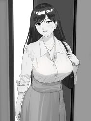 Rule 34 | 1girl, a1 (initial-g), bag, breasts, cleavage, collarbone, door, doorway, handbag, highres, jewelry, large breasts, light blush, long hair, looking at viewer, monochrome, necklace, original, shirt tucked in, skirt, sleeves rolled up, smile, solo, standing, sweatdrop, very long hair